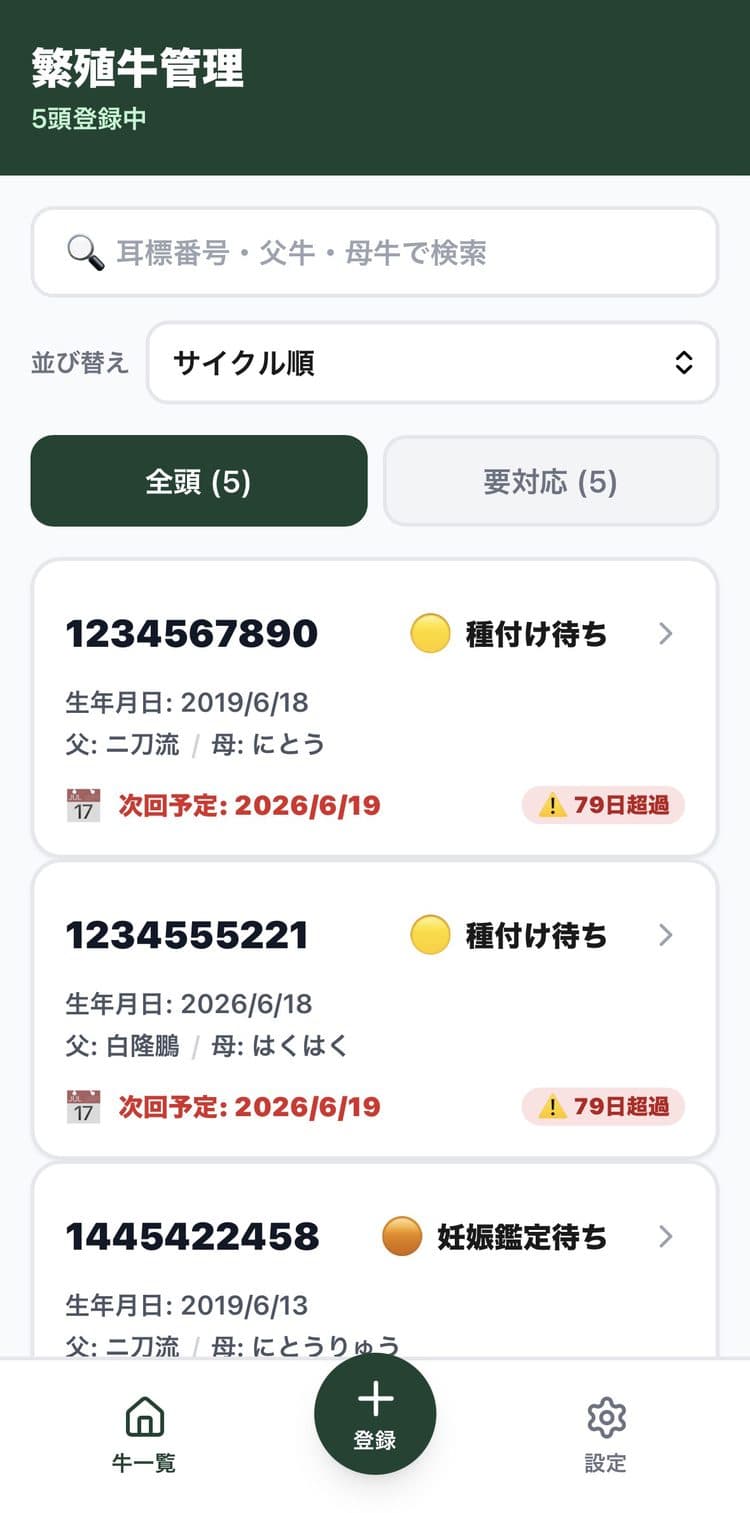 繁殖牛管理アプリの一覧画面。サイクル順に並び、対応が遅れている牛に警告が出ている