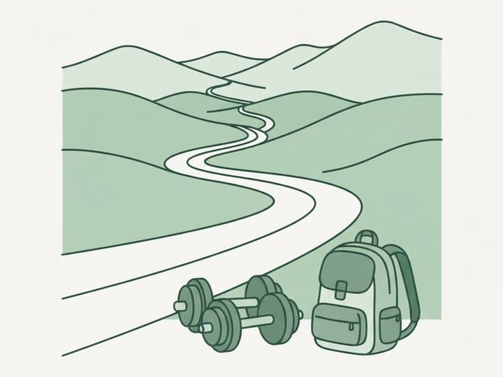 山あいの道の脇に、ダンベルとリュックが置いてある絵